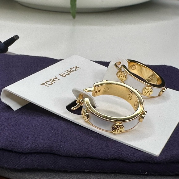 Tory Burch Miller Enamel Huggie Hoop Earrings White & Gold-Tone Brass Logo Studs - Picture 7 of 10